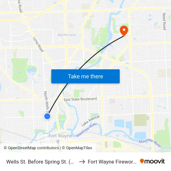 Wells St. Before Spring St. (Sb) to Fort Wayne Fireworks map