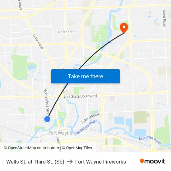 Wells St. at Third St. (Sb) to Fort Wayne Fireworks map