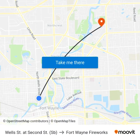 Wells St. at Second St. (Sb) to Fort Wayne Fireworks map