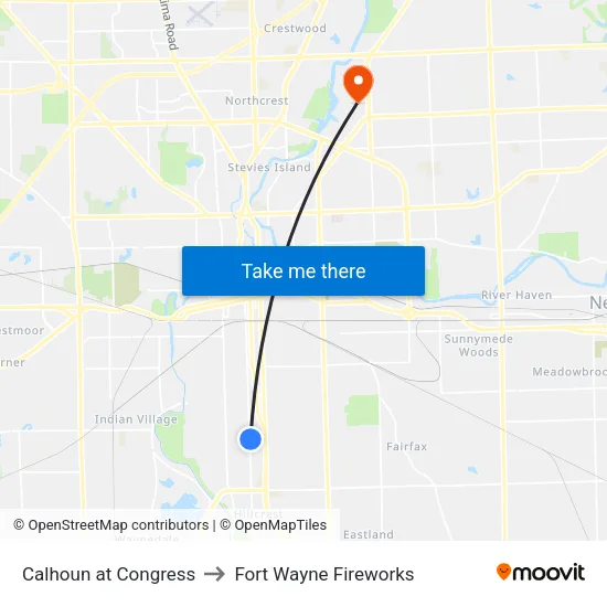 Calhoun at Congress to Fort Wayne Fireworks map