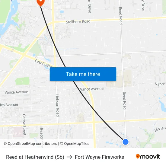 Reed at Heatherwind (Sb) to Fort Wayne Fireworks map