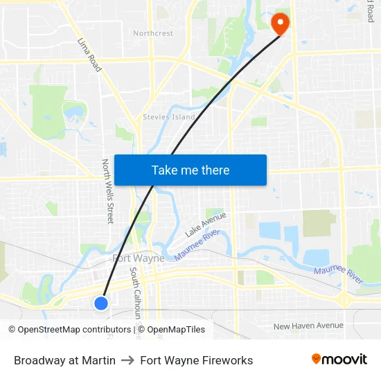 Broadway at Martin to Fort Wayne Fireworks map