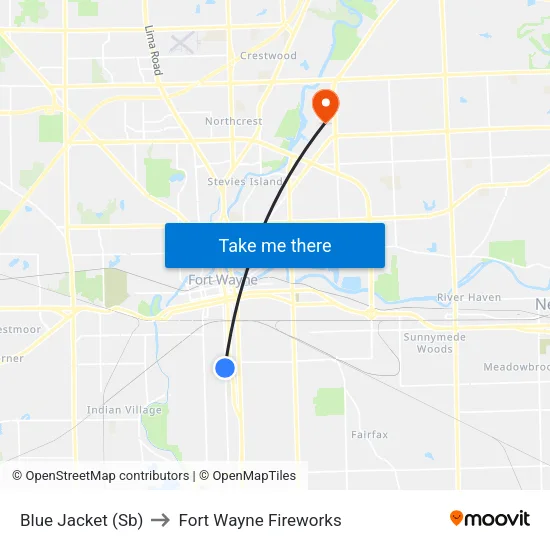 Blue Jacket (Sb) to Fort Wayne Fireworks map