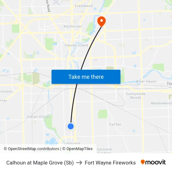 Calhoun at Maple Grove (Sb) to Fort Wayne Fireworks map
