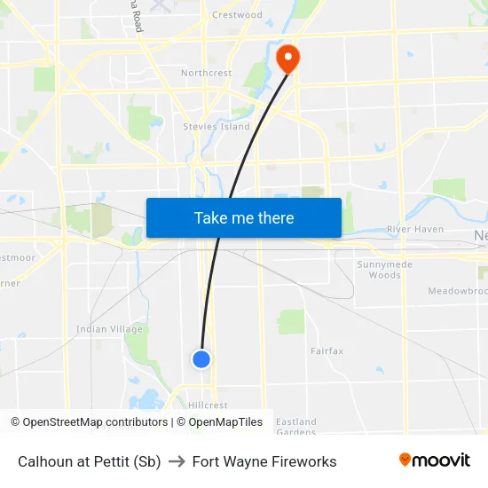 Calhoun at Pettit (Sb) to Fort Wayne Fireworks map
