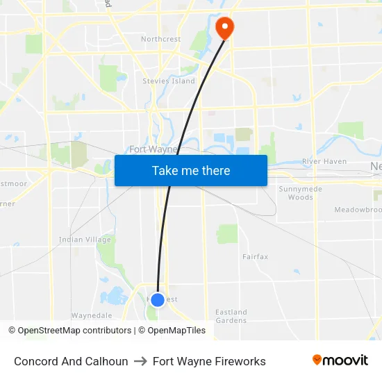 Concord And Calhoun to Fort Wayne Fireworks map