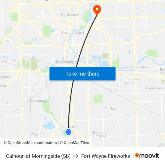 Calhoun at Morningside (Sb) to Fort Wayne Fireworks map