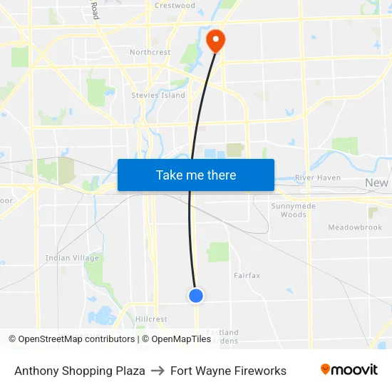 Anthony Shopping Plaza to Fort Wayne Fireworks map