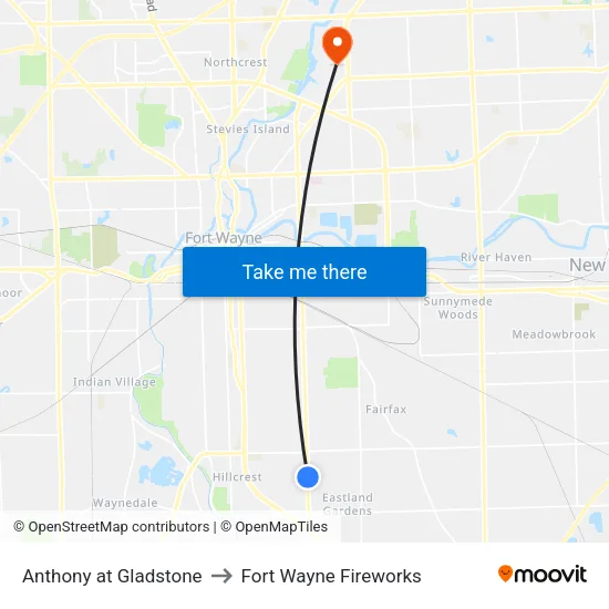 Anthony at Gladstone to Fort Wayne Fireworks map