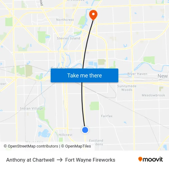 Anthony at Chartwell to Fort Wayne Fireworks map