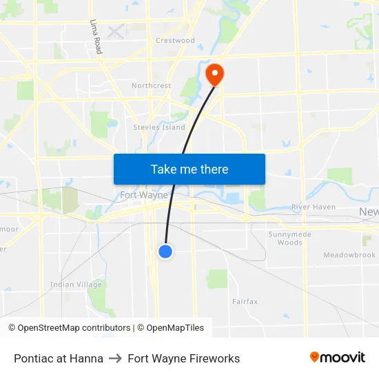 Pontiac at Hanna to Fort Wayne Fireworks map
