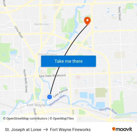St. Joseph at Loree to Fort Wayne Fireworks map