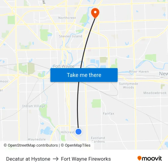 Decatur at Hystone to Fort Wayne Fireworks map
