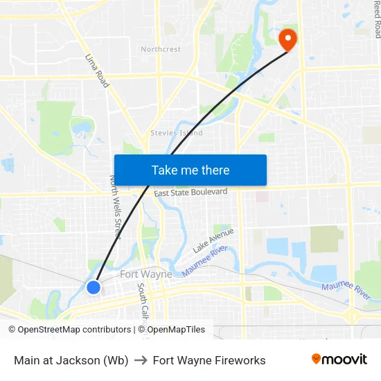 Main at Jackson (Wb) to Fort Wayne Fireworks map