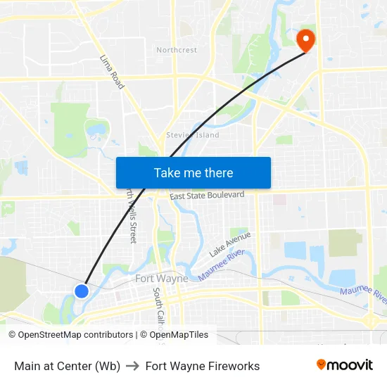 Main at Center (Wb) to Fort Wayne Fireworks map