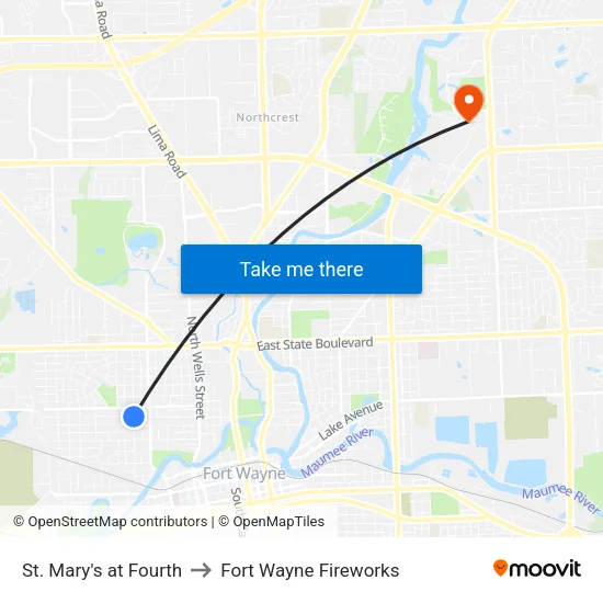 St. Mary's at Fourth to Fort Wayne Fireworks map
