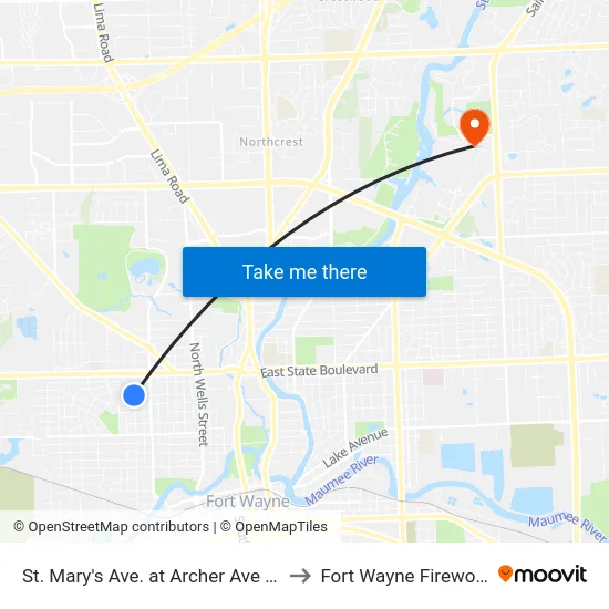 St. Mary's Ave. at Archer Ave (Sb) to Fort Wayne Fireworks map