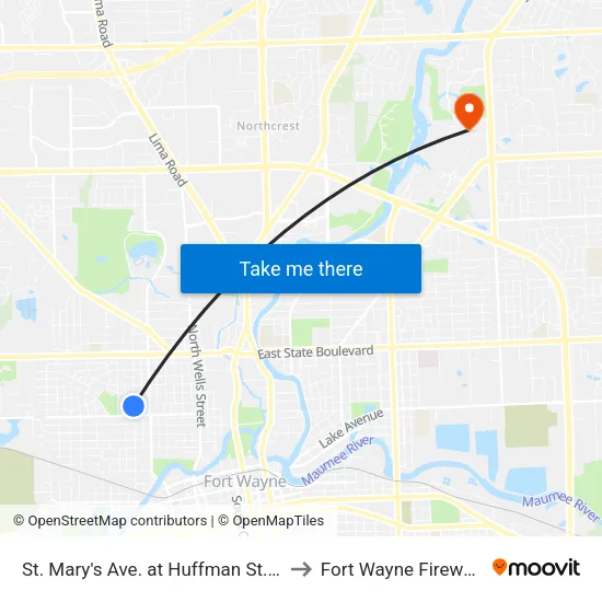 St. Mary's Ave. at Huffman St. (Sb) to Fort Wayne Fireworks map