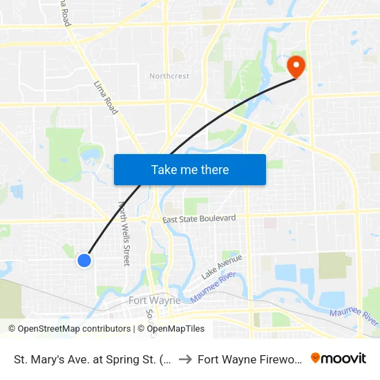 St. Mary's Ave. at Spring St. (Sb) to Fort Wayne Fireworks map