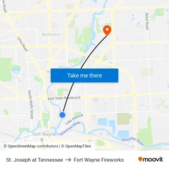 St. Joseph at Tennessee to Fort Wayne Fireworks map