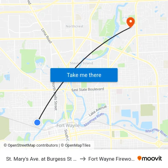 St. Mary's Ave. at Burgess St (Sb) to Fort Wayne Fireworks map
