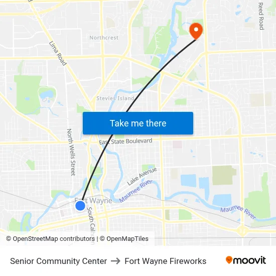 Senior Community Center to Fort Wayne Fireworks map