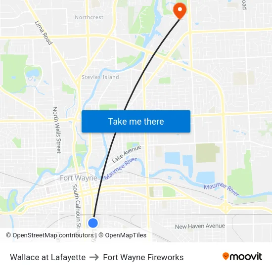 Wallace at Lafayette to Fort Wayne Fireworks map