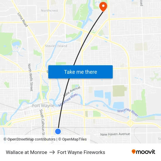 Wallace at Monroe to Fort Wayne Fireworks map