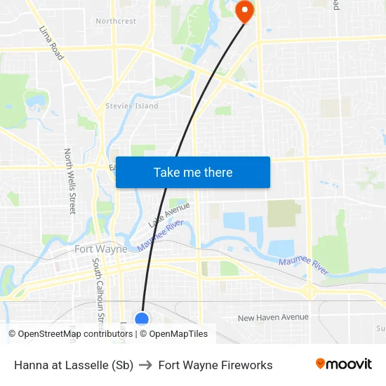 Hanna at Lasselle (Sb) to Fort Wayne Fireworks map