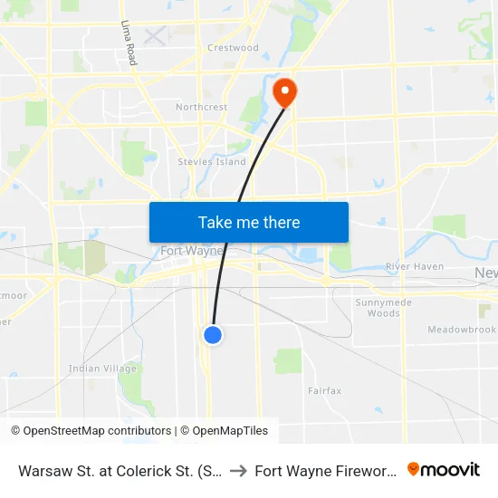 Warsaw St. at Colerick St. (Sb) to Fort Wayne Fireworks map