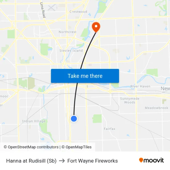 Hanna at Rudisill (Sb) to Fort Wayne Fireworks map