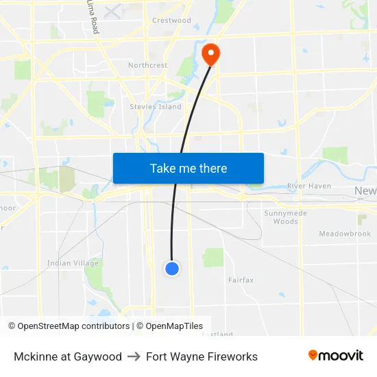 Mckinne at Gaywood to Fort Wayne Fireworks map