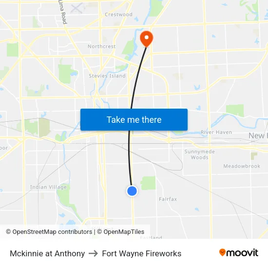 Mckinnie at Anthony to Fort Wayne Fireworks map