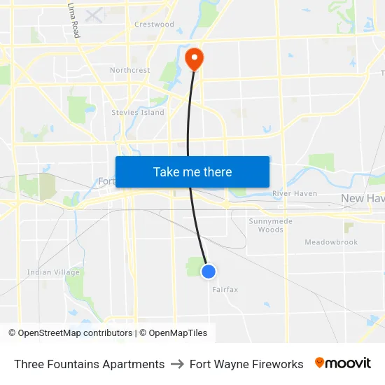 Three Fountains Apartments to Fort Wayne Fireworks map