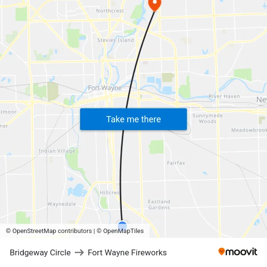 Bridgeway Circle to Fort Wayne Fireworks map