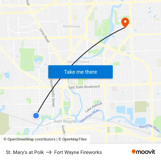 St. Mary's at Polk to Fort Wayne Fireworks map