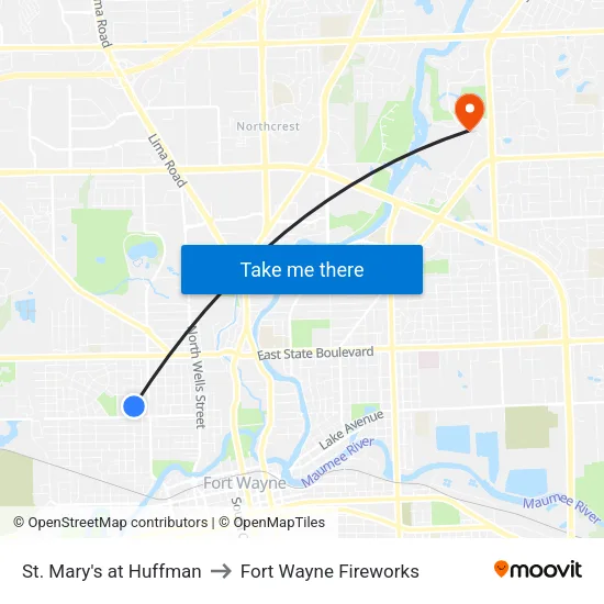 St. Mary's at Huffman to Fort Wayne Fireworks map
