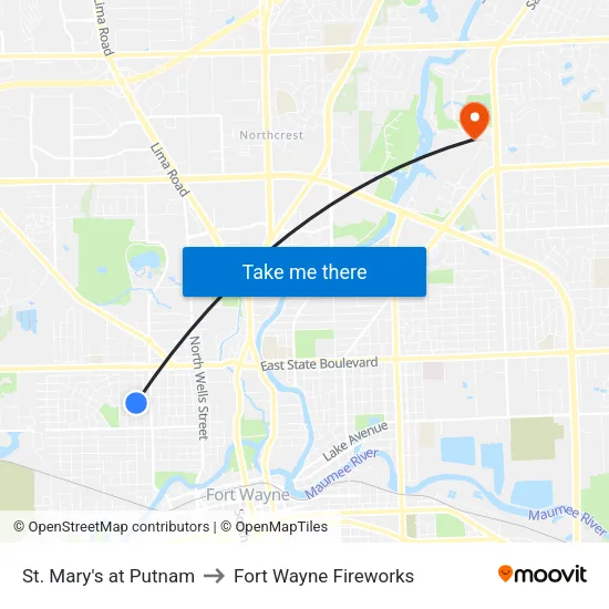 St. Mary's at Putnam to Fort Wayne Fireworks map