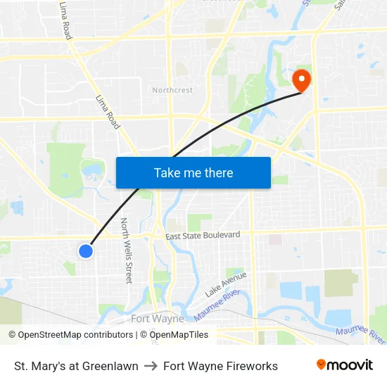 St. Mary's at Greenlawn to Fort Wayne Fireworks map