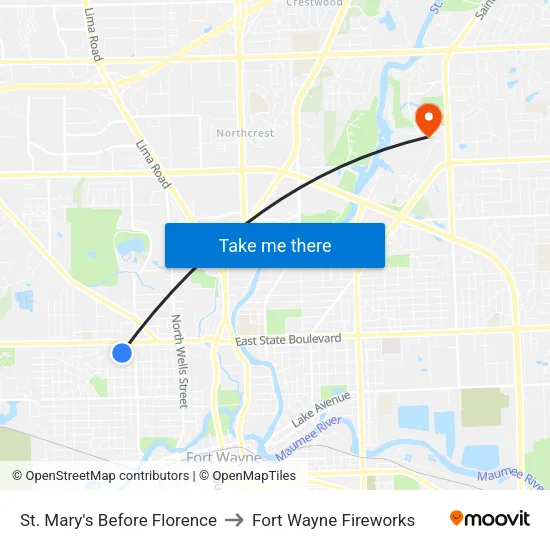 North Highlands Apartments to Fort Wayne Fireworks map