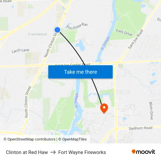 Clinton at Red Haw to Fort Wayne Fireworks map