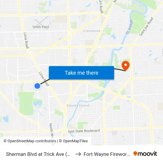 Sherman Blvd at Trick Ave (Sb) to Fort Wayne Fireworks map