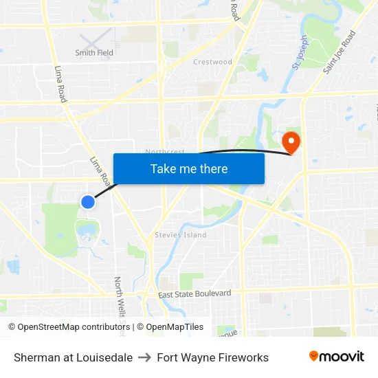 Sherman at Louisedale to Fort Wayne Fireworks map