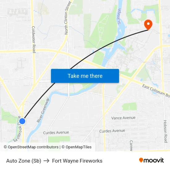 Auto Zone (Sb) to Fort Wayne Fireworks map