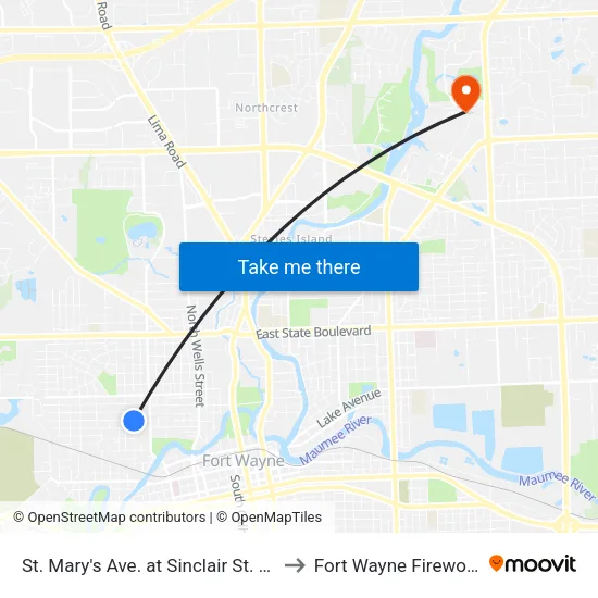 St. Mary's Ave. at Sinclair St. (Sb) to Fort Wayne Fireworks map