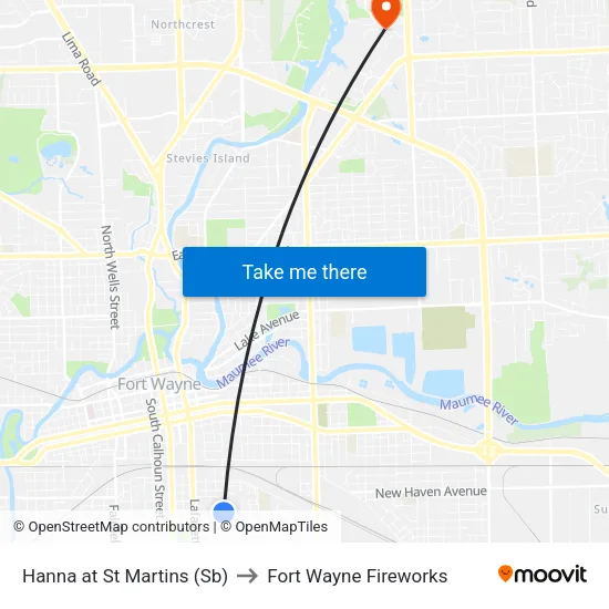 Hanna at St Martins (Sb) to Fort Wayne Fireworks map