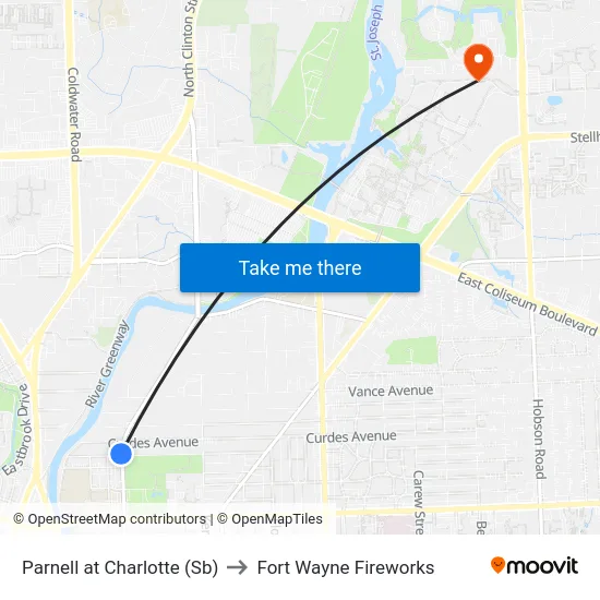 Parnell at Charlotte (Sb) to Fort Wayne Fireworks map