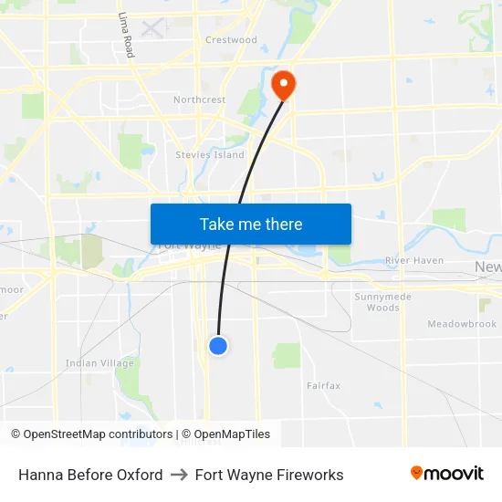 Hanna Before Oxford to Fort Wayne Fireworks map