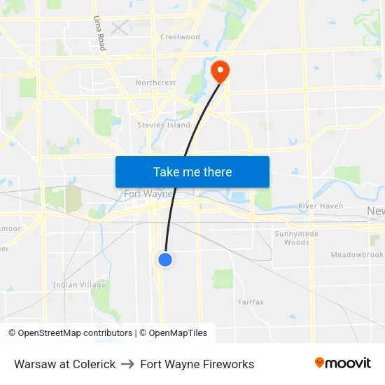 Warsaw at Colerick to Fort Wayne Fireworks map
