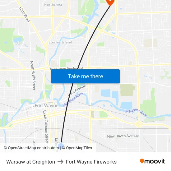 Warsaw at Creighton to Fort Wayne Fireworks map